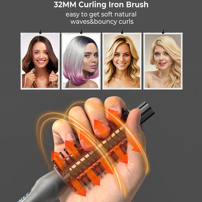 32mm Curling Iron Brush Ceramic Ionic Hair Curler Straightener Anti-Scald Volumizing Hair Iron Heated Brush Electric Hot Comb