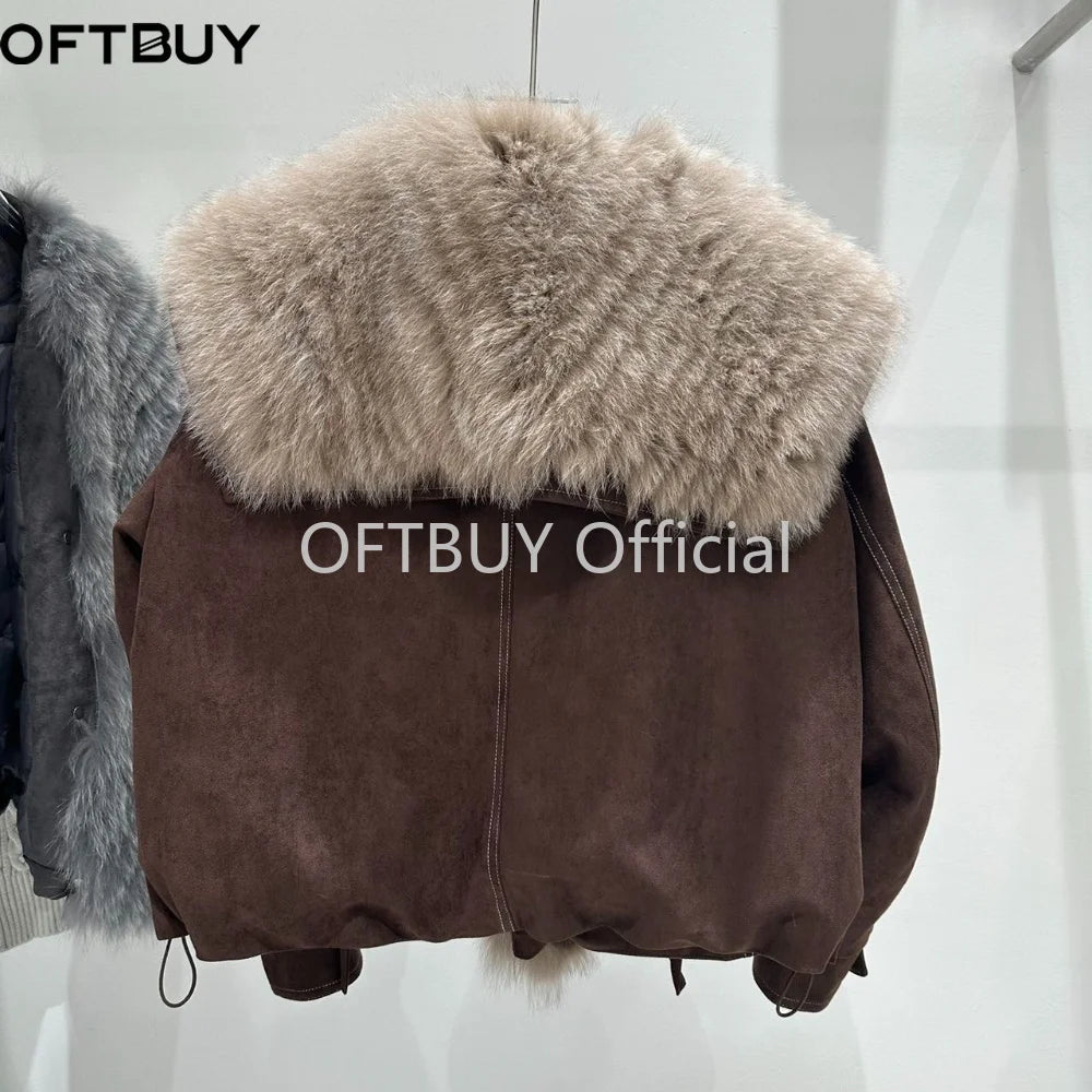 OFTBUY Real Fox Fur Collar Goose Down Jacket Winter Windproof Heavy Padded Coat Women Cropped Puffer Jacket Casual Outerwear