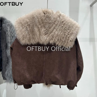 OFTBUY Real Fox Fur Collar Goose Down Jacket Winter Windproof Heavy Padded Coat Women Cropped Puffer Jacket Casual Outerwear