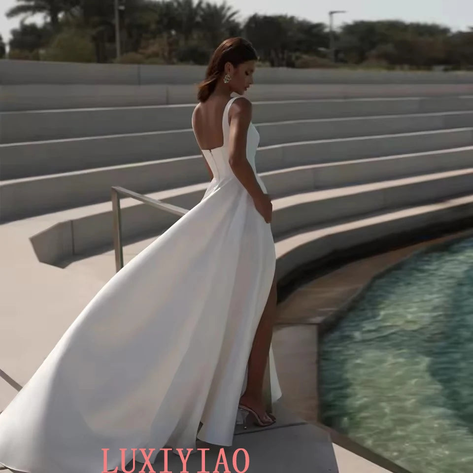 Customized Simple Square Wedding Dresses Sleeveless High Slit Half Open Back Bridal Growns A Line Satin Vestidos De Novia