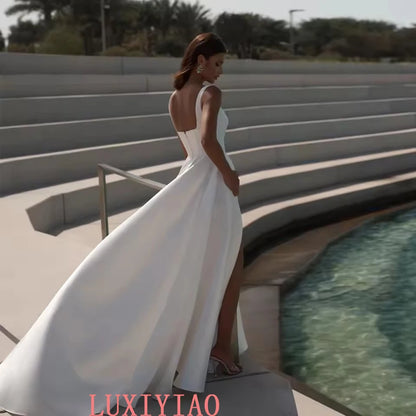 Customized Simple Square Wedding Dresses Sleeveless High Slit Half Open Back Bridal Growns A Line Satin Vestidos De Novia