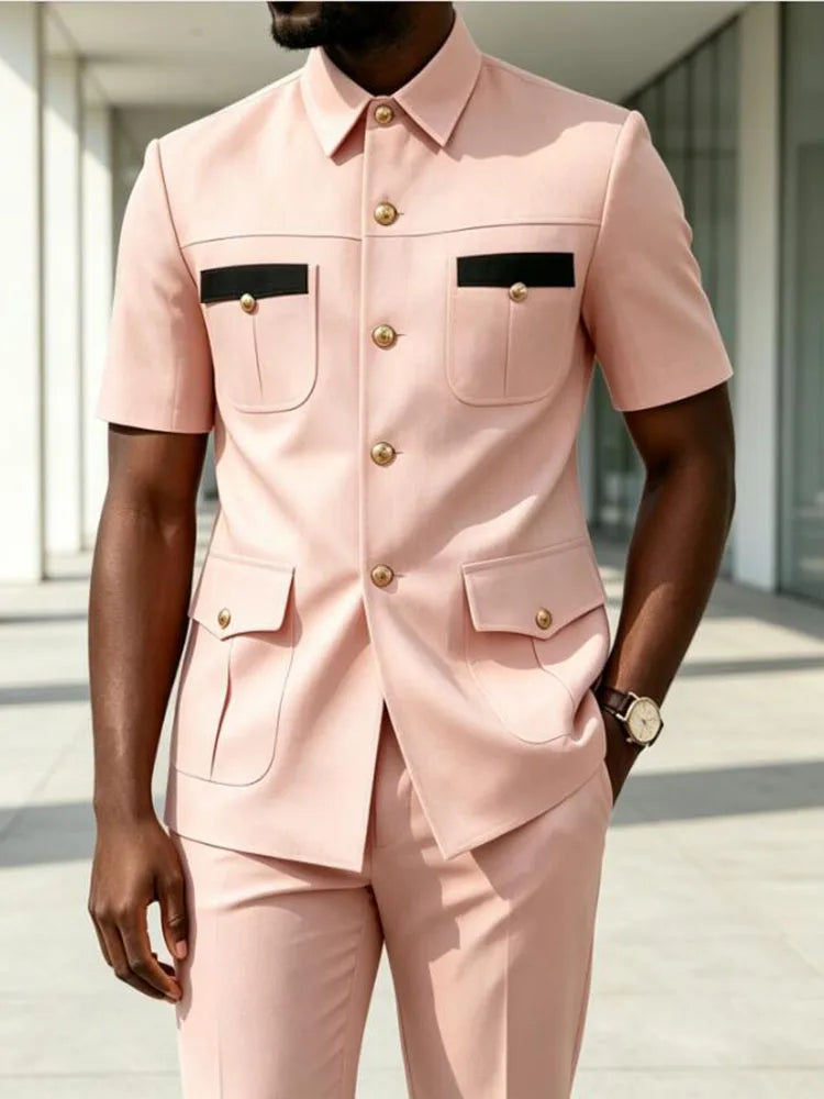 Luxury Men Suit Short Sleeves Safari Suit 2 Pieces Black Contrast Pockets Gold Button Business Wedding Party Casual Blazer Pants