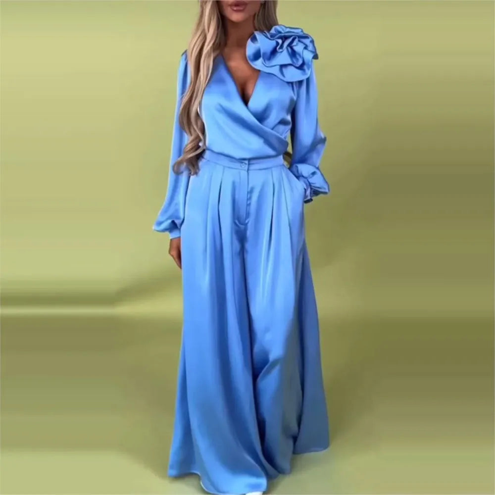 Fashion Solid Color Satin Long Sleeve Shirt Women 2 Piece Spring Autumn New Casual Loose Wide Leg Pants Pocket Female Office Set