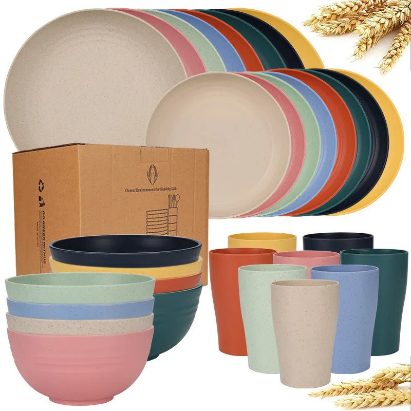Natural Wheat Straw Tableware Set Dinnerware Sets Biodegradable Unbreakable Plates, Bowls, Cups Lightweight for Kitchen Camping