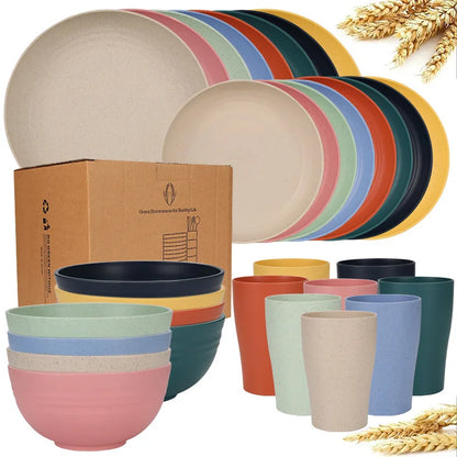 Natural Wheat Straw Tableware Set Dinnerware Sets Biodegradable Unbreakable Plates, Bowls, Cups Lightweight for Kitchen Camping