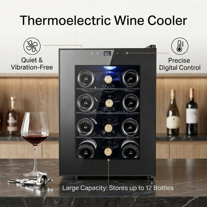 12 Bottle Thermoelectric Wine Cooler, 1.17Cu.ft Single Zone Wine Refrigerator, Digital Touch Control Wine Fridge for Home Bar