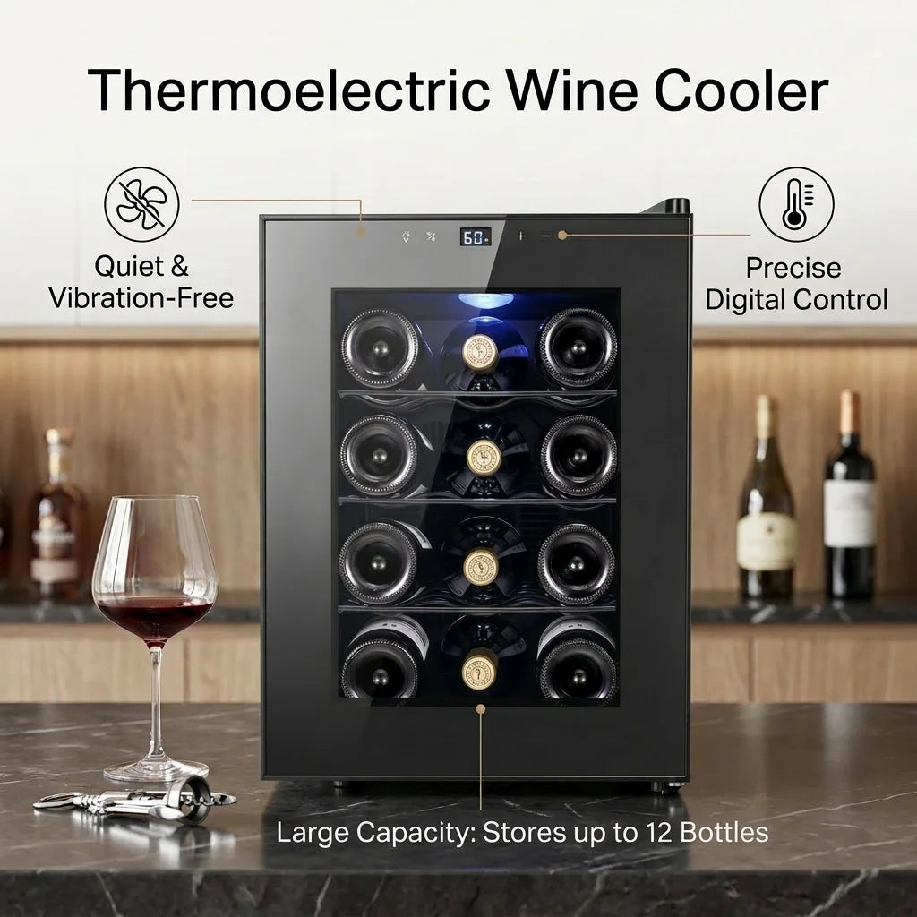 12 Bottle Thermoelectric Wine Cooler, 1.17Cu.ft Single Zone Wine Refrigerator, Digital Touch Control Wine Fridge for Home Bar