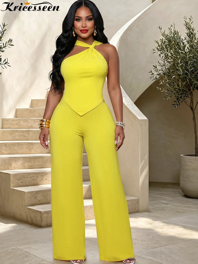 Kricesseen Sexy Solid Two Pieces Pant Set Women Halter Backless Bow Top And Loose Wide Leg Pants Suit Clubwear Outfit