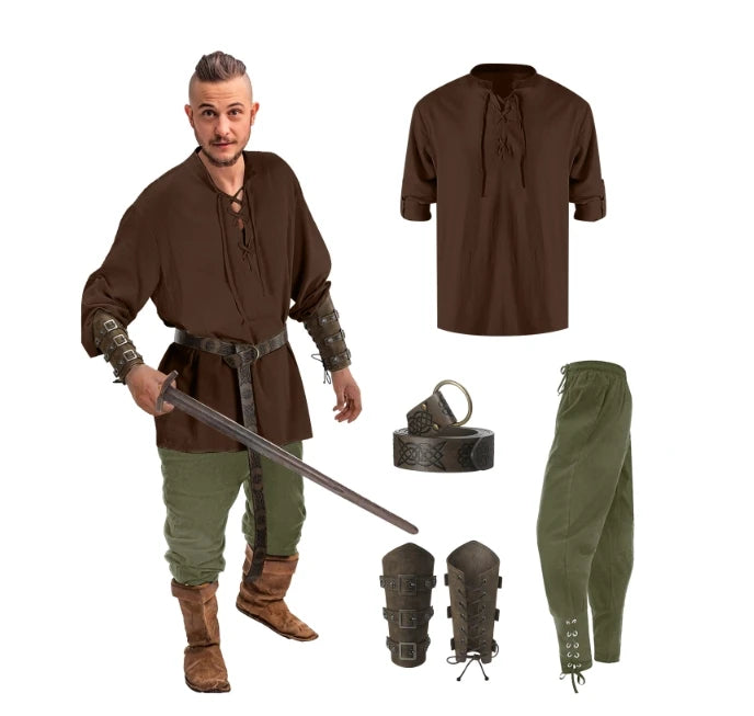 4 Pcs Halloween Men's Renaissance Costume Set Medieval Pirate Shirt Ankle Banded Pants Viking Belt Accessories