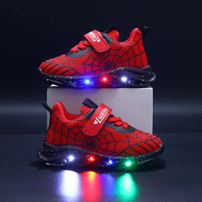 Mgo Children's Boys' Shoes, Light-Up Shoes, Lightweight Shoes, 2024 Spring and Autumn New Flashing Shoes, Fashionable Spider Web Trendy Shoes, Boys' Children's Sports Shoes, Mesh Spring Shoes Suitable for 1-3 Years Old, Child