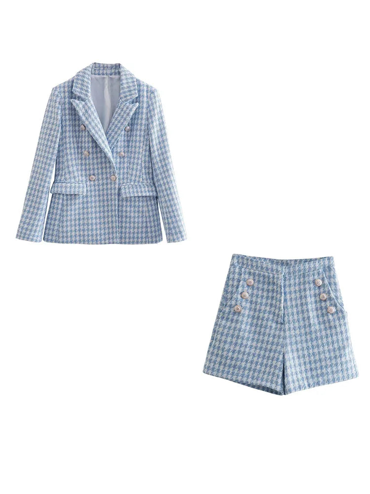 Klacwaya Blazer Women Shorts Sets Woman 2 Pieces Chic Office Lady Suit Skirt And Jacket Plaid Female Suits