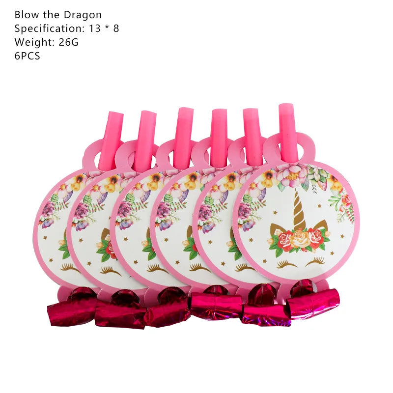 6PCS Rainbow Unicorn Blowing Dragon Funny Whistles Blow Roll For Birthday Wedding Party Favors Gift Decorations Atmosphere Props
