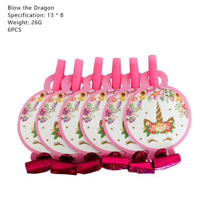 6PCS Rainbow Unicorn Blowing Dragon Funny Whistles Blow Roll For Birthday Wedding Party Favors Gift Decorations Atmosphere Props