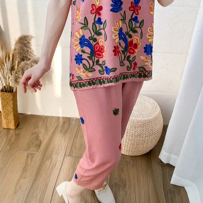 2024 Summer Women Cotton Linen Short Sleeve Set Large Size Middle-aged Mother Floral Print Clothes New Two-piece Suit 5XL G45