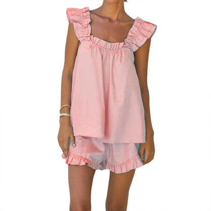 Womens Summer Solid Color 2 Pieces Set Ruffle Sleeveless Sling Square Collar Vest Shorts Tank Top Outfits Lounge Matching Sets