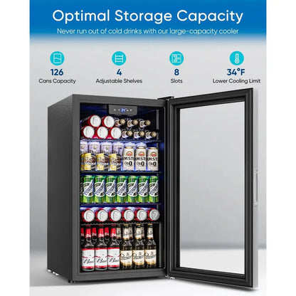 Beverage Refrigerator Cooler 126 Can Mini Fridge Glass Door for Drinks Soda Beer Wine Small Refrigerator for Office Bedroom Hom