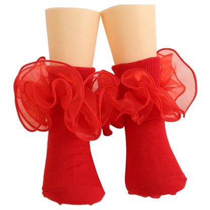 1 Pair Girls' Puffy Lace Socks Children's Combed Cotton Lace Lace Socks Baby Girl Skirt Accessories Solid Color Socks