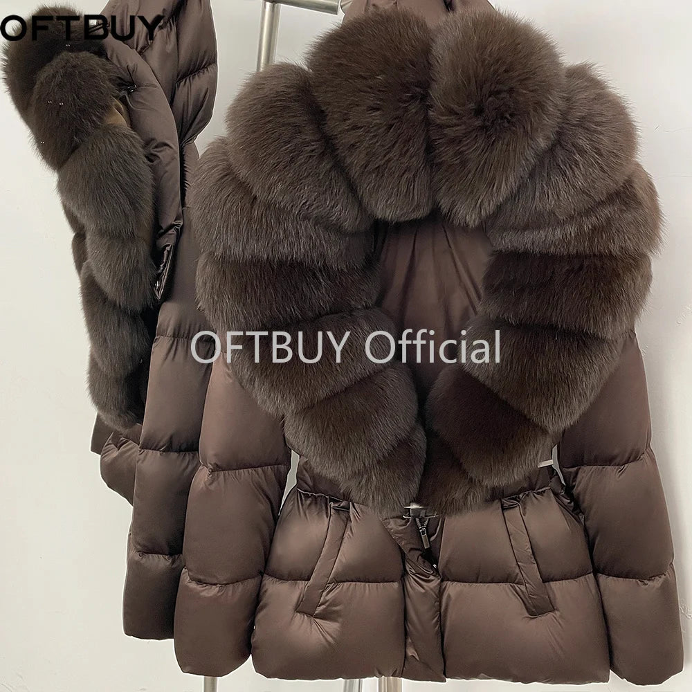 OFTBUY New Fashion Winter Clothes Women Duck Down Coat with Big Natural Fur Collar Belt Hooded Real Fox Fur Puffer Jacket Female