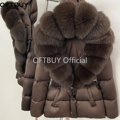 OFTBUY New Fashion Winter Clothes Women Duck Down Coat with Big Natural Fur Collar Belt Hooded Real Fox Fur Puffer Jacket Female