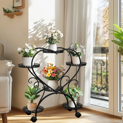 Black Metal Rolling Plant Stand Heart-Shaped Garden Display Rack with Wheels for Home And Garden Decor