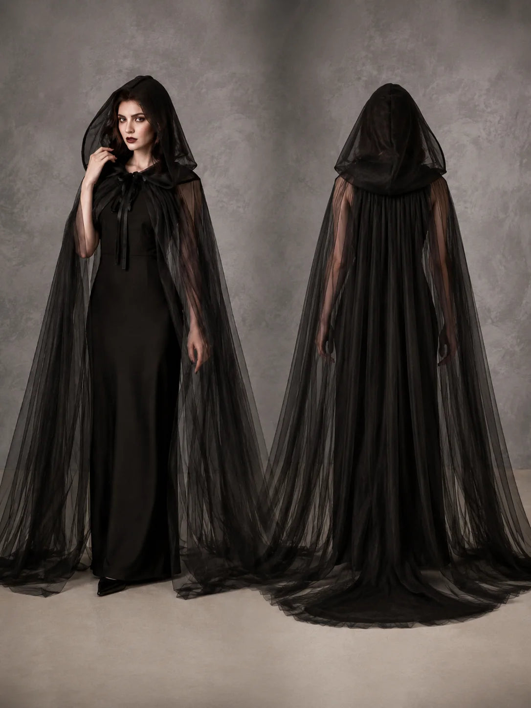 Sheer Tulle Hooded Full‑Length Cape for Women, Lightweight Flowy Gothic Cloak with Neck Tie, Halloween Witch Vampire Cosplay Costume Accessory for Fancy Dress Party Photo Shoot