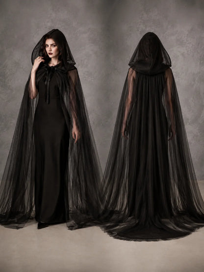 Sheer Tulle Hooded Full‑Length Cape for Women, Lightweight Flowy Gothic Cloak with Neck Tie, Halloween Witch Vampire Cosplay Costume Accessory for Fancy Dress Party Photo Shoot