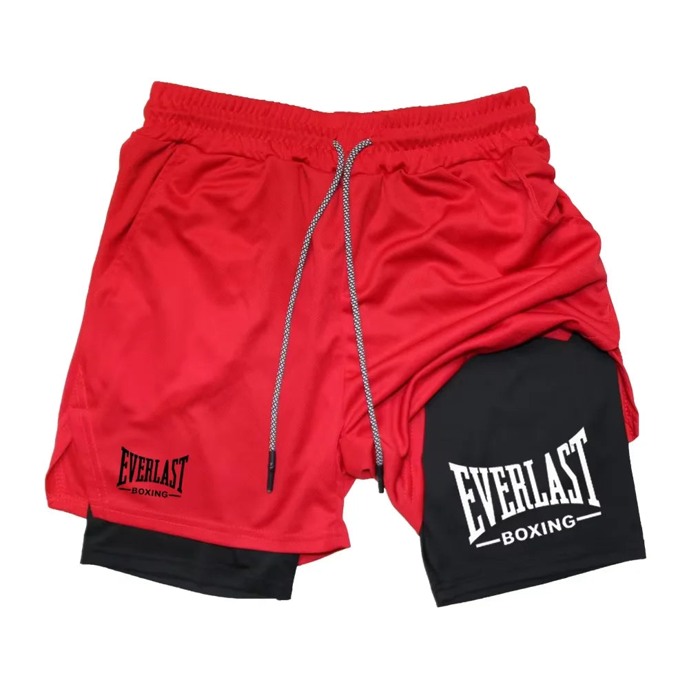 Men's compression gym shorts, EVERLAST printed sports pants, double layered, quick drying, basketball, muscle, fitness