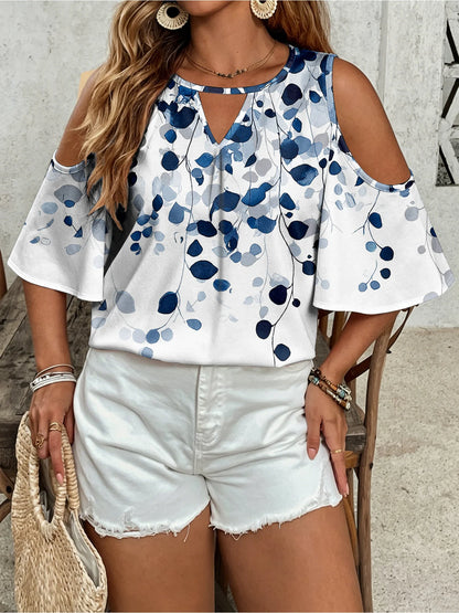 Women's Plus Size Women's Blue Leaf Print Off Shoulder V-Neck Hollowed Out Mid Sleeve Top, Commuting and Leisure Vacation Top