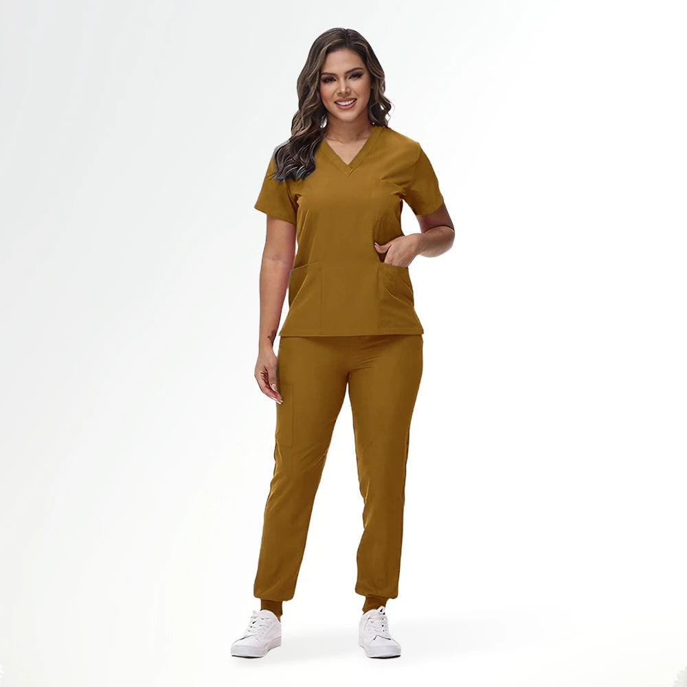 Women's Nurse Scrub Set | V-Neck Top & Jogger Pants, Stretch Jersey | Medical Workwear