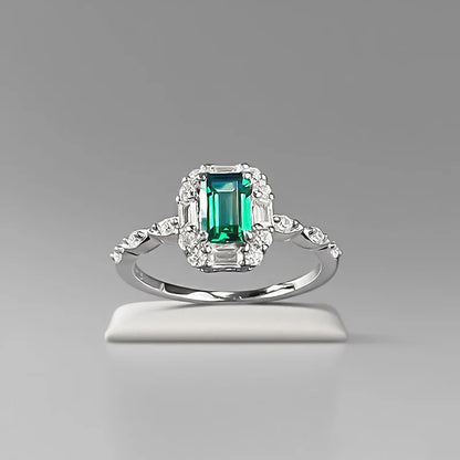 Luxury 18K white Solid Platinum PT950 certifid set with 4*6 imitation emerald ring for women, small, exquisite and versatile