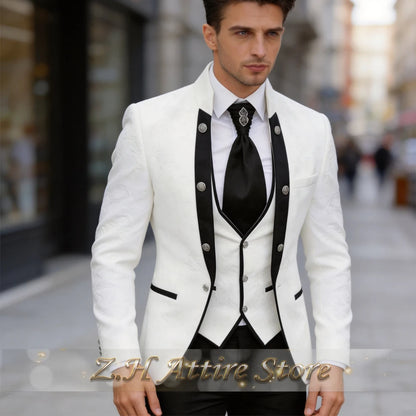 Premium Men's Jacquard Suit White 3pcs Set Wedding Groom Tuxedo Shawl Collar Formal Jacket Vest Pants Beach Party Custom Attire