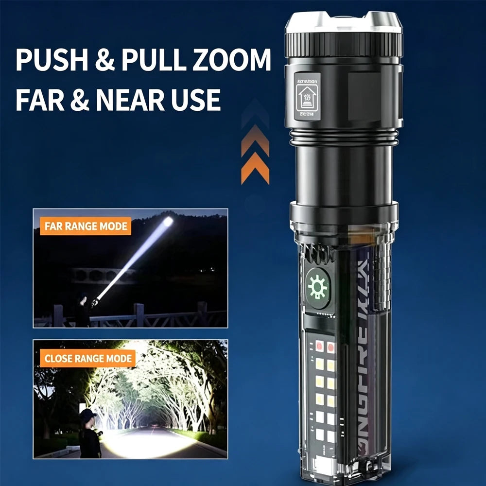 High Power LED Flashlight With Side Light Solar Powered Hand Lantern USB Rechargeable Strong Torch For Outdoor Camping Fishing