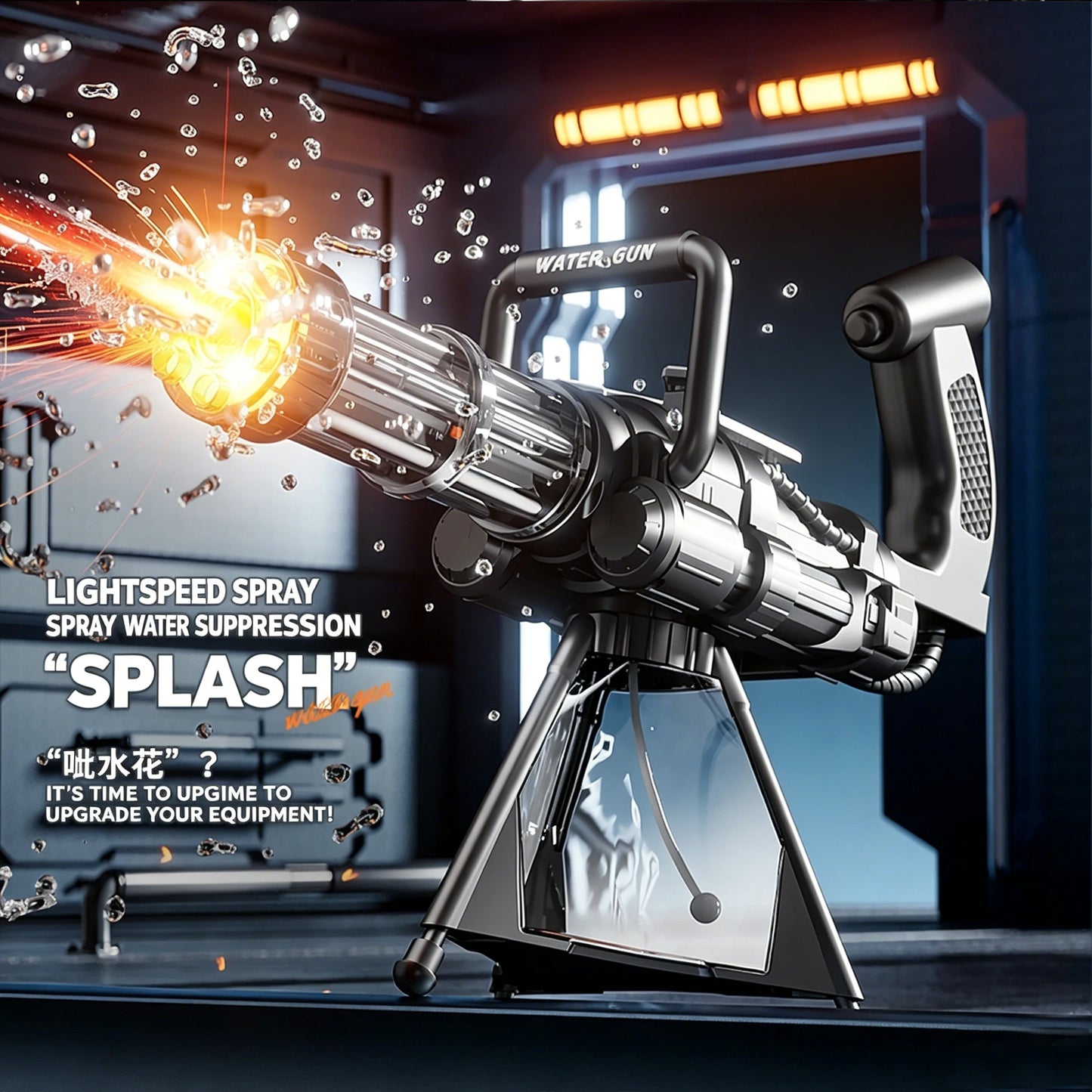 Gatling Rotating Electric Water Gun with Light-Up High Speed Continuous Shooting Powerful Water Blaster Summer Outdoor Beach Toy