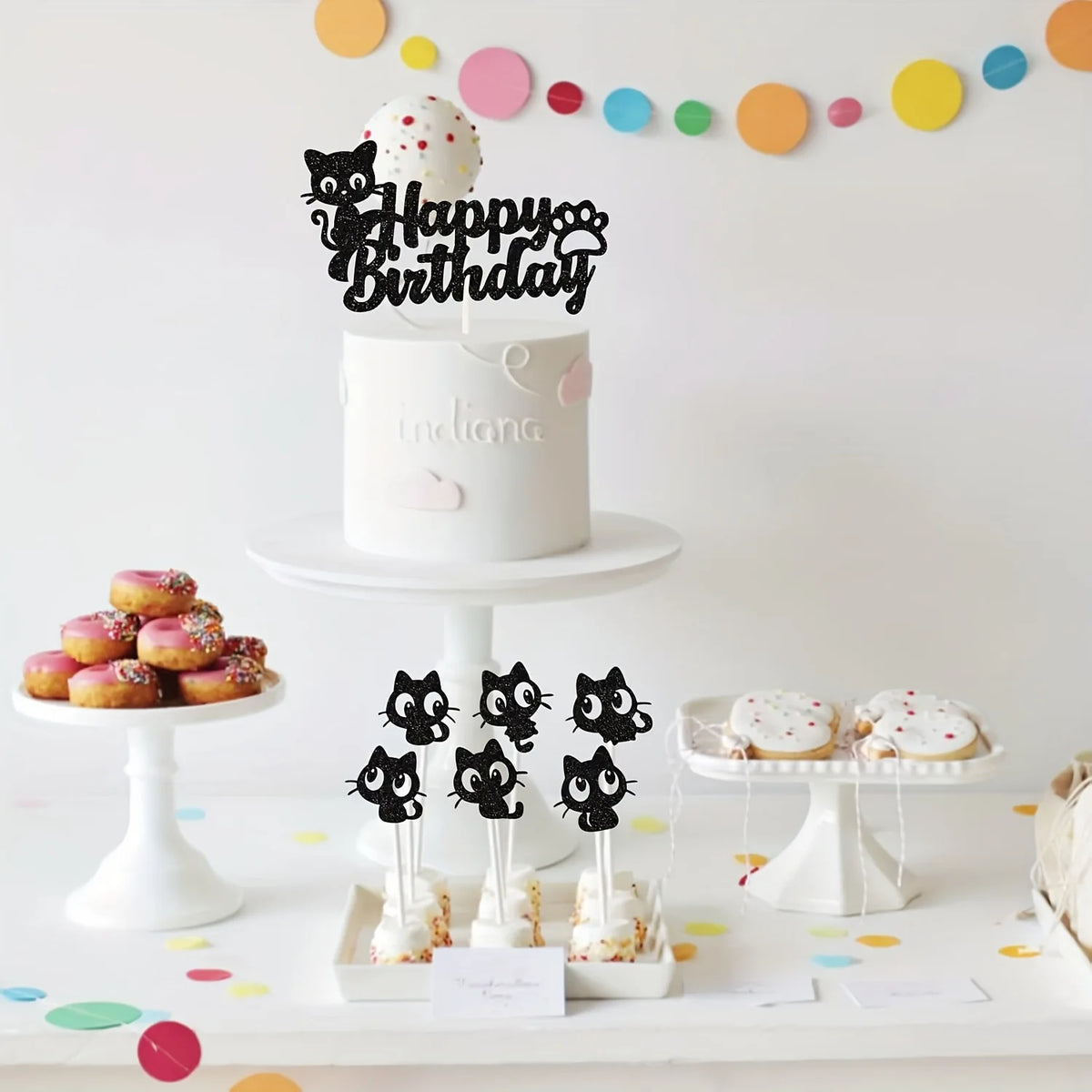 Black Cat Cake Topper Happy Birthday Kids Party Oh Baby Shower Animal Them Cupcake Topper Flags Decoration Baking Supplies DIY