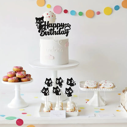 Black Cat Cake Topper Happy Birthday Kids Party Oh Baby Shower Animal Them Cupcake Topper Flags Decoration Baking Supplies DIY