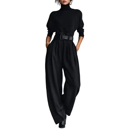 2026 2 Piece Set Women's High-Neck Turtleneck Long Sleeve High-Waist Belted Pants Suit Set Women Casual Matching Set Streetwear