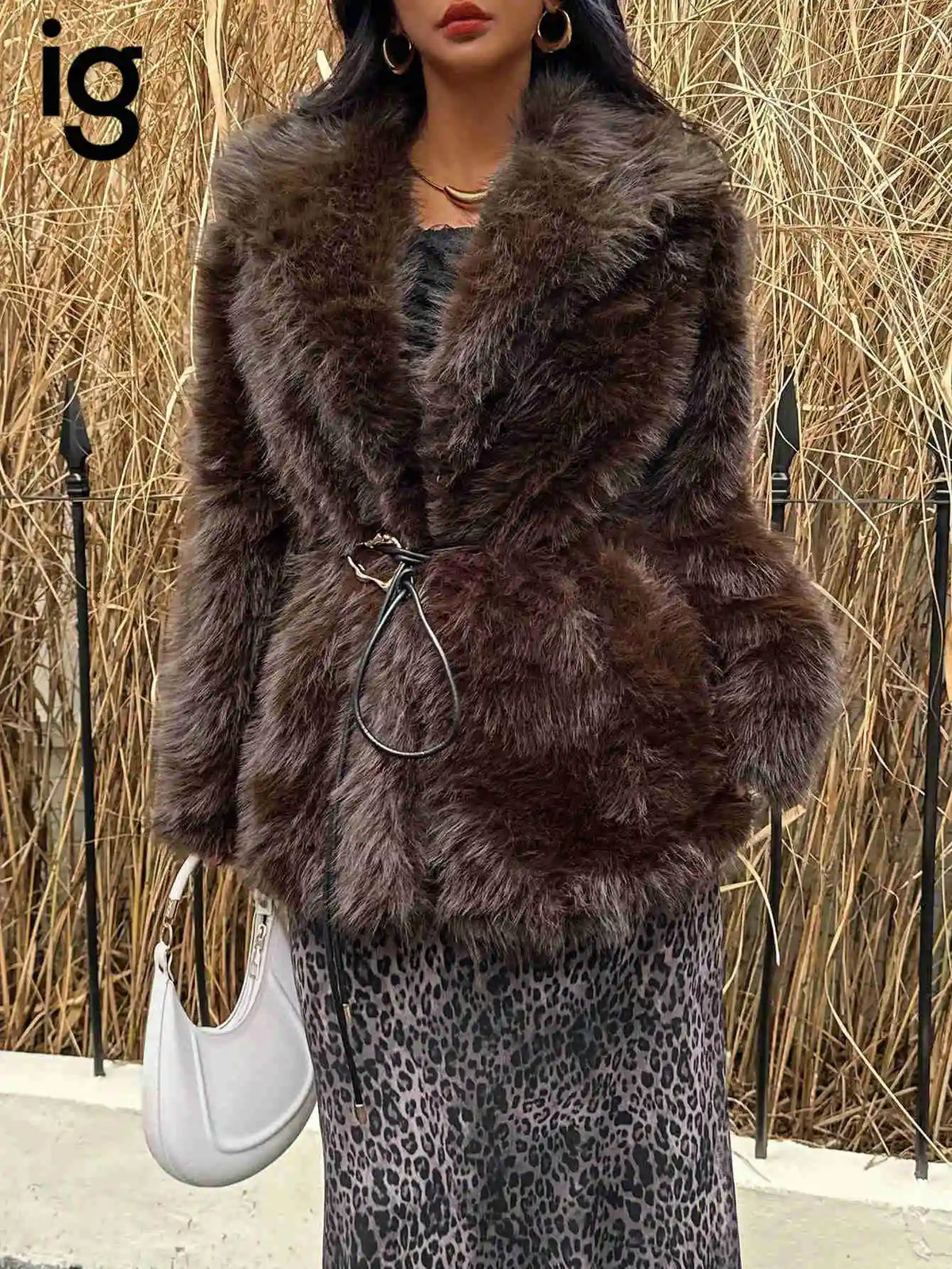 IG Women Large Lapel Belted Waist Faux Fur Mid-Length Coat, Long Sleeve Winter Warm Elegant Fluffy Outerwear