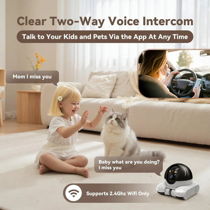 Indoor Security Camera 1080P Dual Lens, Mobile Robot with Wheels, Two-Way Audio, Remote-Controlled Bot with Night Vision, App-Controlled for Home Safety, Pets, Baby, Elderly