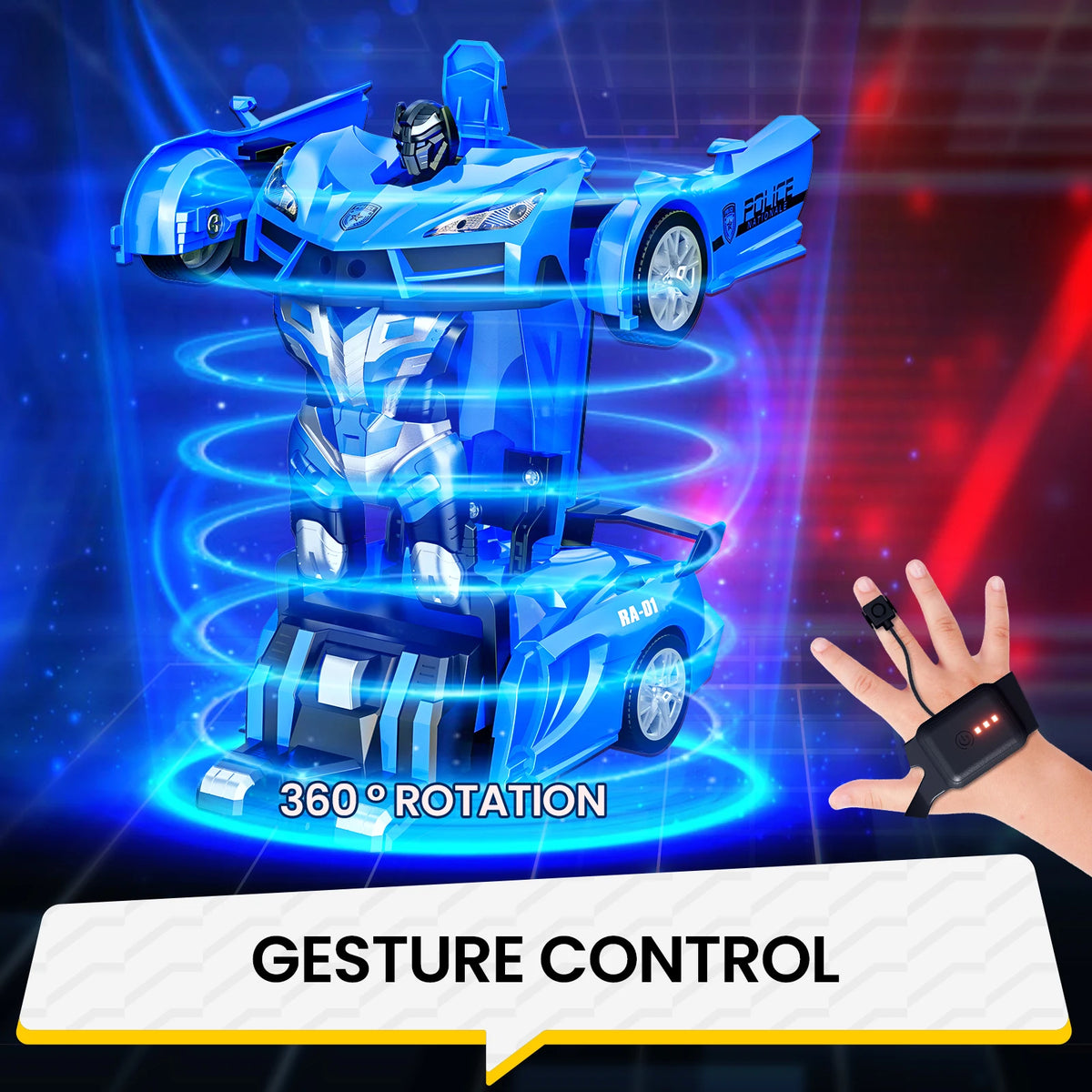 Remote Control Cars Police Car Toy Gesture Sensing with LED Light, 2.4GHz One Button Transformation Robot RC Cars Gift for Kids