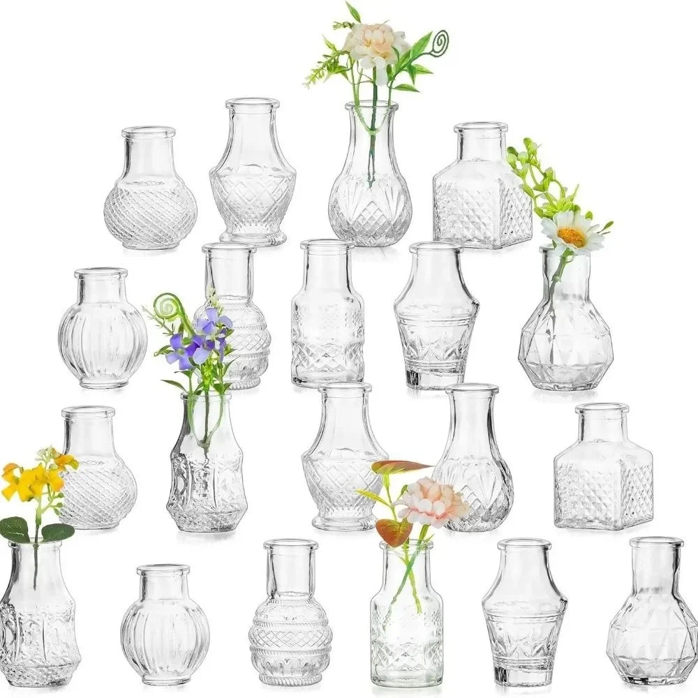 10/20Pcs Mini Glass Vase Modern Clear Hydroponic Flower Vase Retro Relief European Home Desktop Scene Wedding Party Decoration