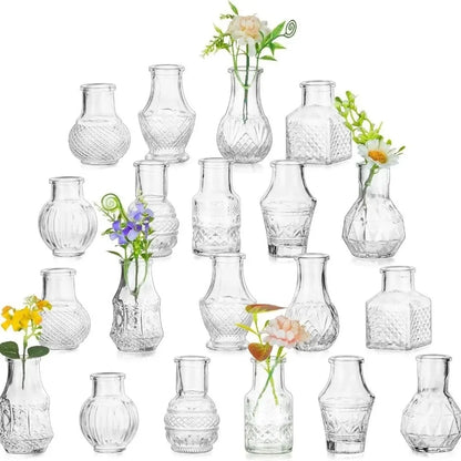10/20Pcs Mini Glass Vase Modern Clear Hydroponic Flower Vase Retro Relief European Home Desktop Scene Wedding Party Decoration
