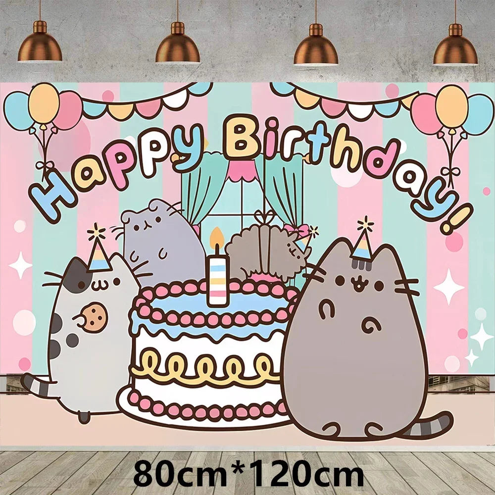 The Pusheen Cat Balloons Birthday Decoration Party Supplies Cartoon Grey Pet Fat Cat Theme Banner Backdrop Cake Topper Sticker