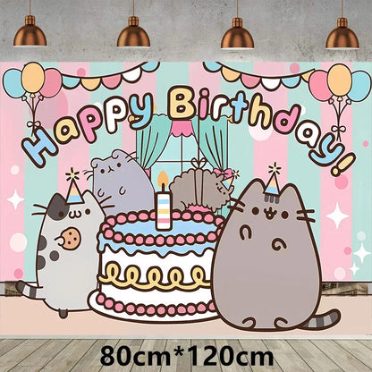 The Pusheen Cat Balloons Birthday Decoration Party Supplies Cartoon Grey Pet Fat Cat Theme Banner Backdrop Cake Topper Sticker