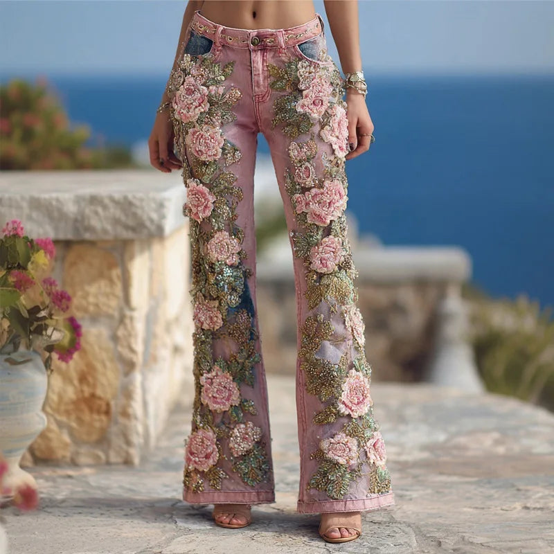New 3D Digital Print Women's Flare Jeans High Waist Slim Fit Stretchy Denim Bell Bottom Pants Casual Trendy Daily Wear