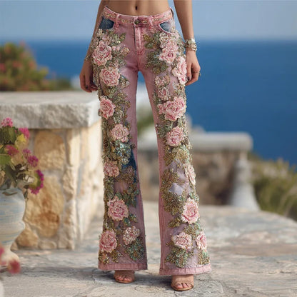 New 3D Digital Print Women's Flare Jeans High Waist Slim Fit Stretchy Denim Bell Bottom Pants Casual Trendy Daily Wear