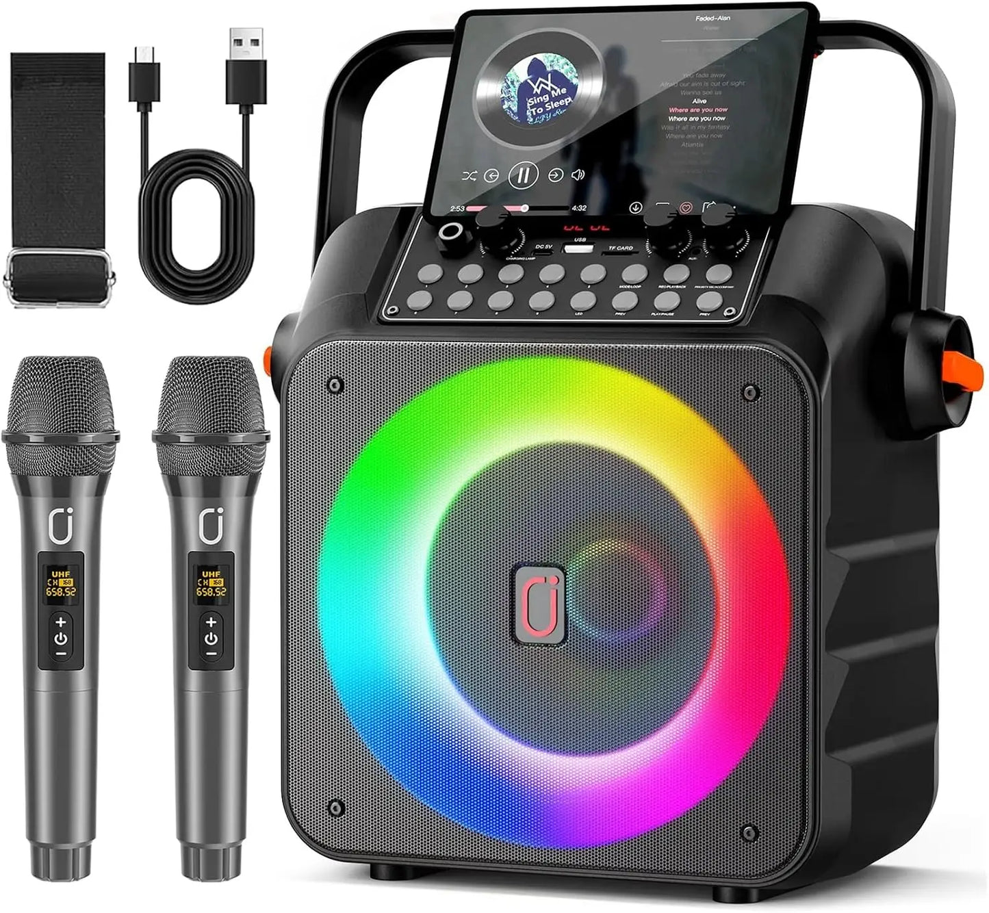 Portable Bluetooth Karaoke Speaker with 6.5-Inch Subwoofer, Two Wireless Microphones, and PA System for Adults, Supports Vocal Remover & REC, Home and Party Singing Machine (Black)