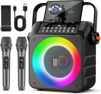 Portable Bluetooth Karaoke Speaker with 6.5-Inch Subwoofer, Two Wireless Microphones, and PA System for Adults, Supports Vocal Remover & REC, Home and Party Singing Machine (Black)