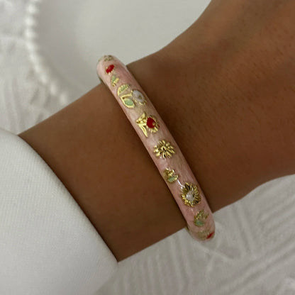 Elegant Enamel Dropped Glaze Flower Texture Bracelet For Women Retro Gold Plated Evil Eye Floral Zircon Bangle Party Jewelry