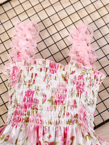Baby Girls Floral Romper Set, Sleeveless Lace Trim Jumpsuit + Matching Bow Headband, 2pcs Outfit