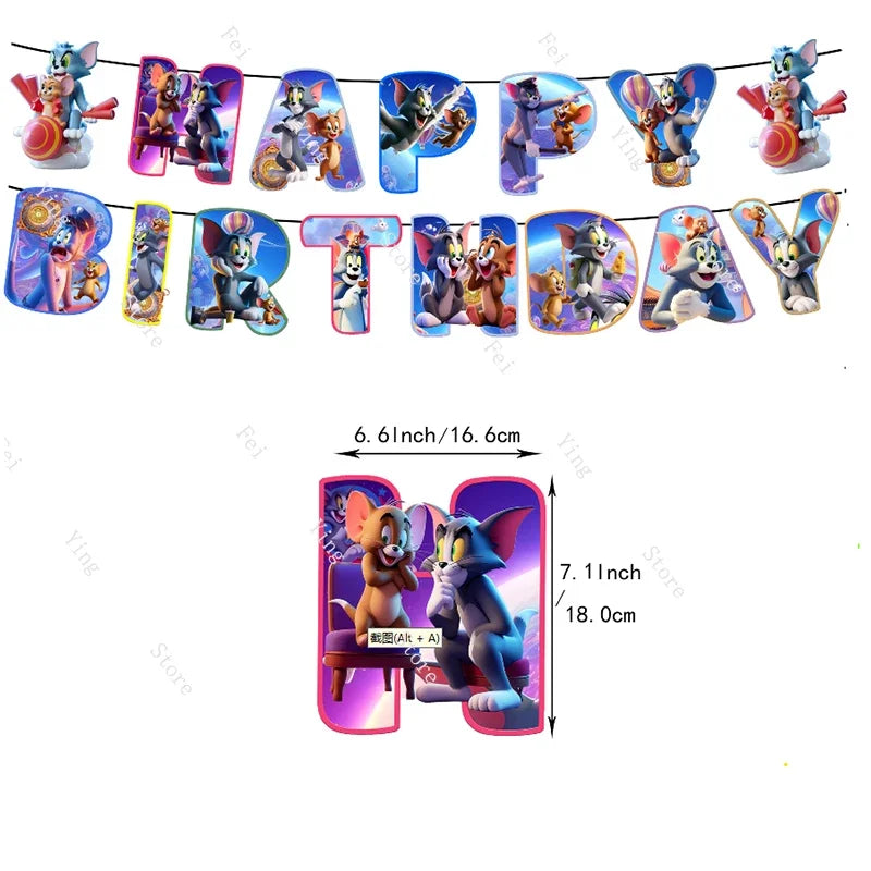 Cartoon T-Tom And J-Jerry Party Decorations Banner Latex Foil Balloons Cake Topper Birthday Movie Show Party Supplies Set Favor
